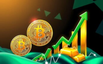 Bitcoin rising above gold with a graph showing projections of increasing market value, vibrant colours representing growth.