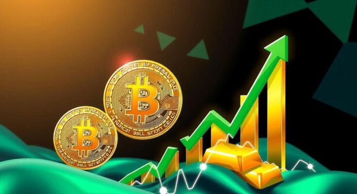 Bitcoin rising above gold with a graph showing projections of increasing market value, vibrant colours representing growth.