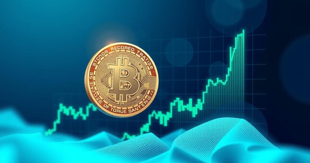 A dynamic representation of bitcoin with upward trend lines and a graph showcasing record levels of interest.