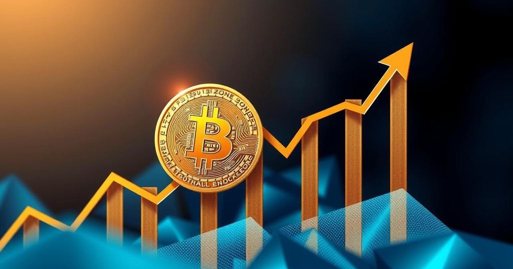 Bitcoin price surge depicted as a digital graph with upward trends in blue and gold hues, emphasising market strength.