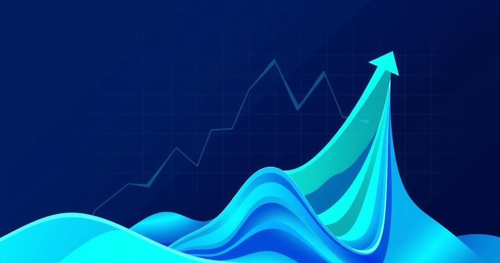 Graph depicting upward trends of cryptocurrency growth with abstract design and vibrant colours.