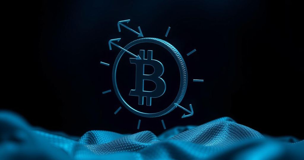A bearish market sentiment illustrated by a Bitcoin symbol amidst dark hues, depicting a downward trend, digital art style.