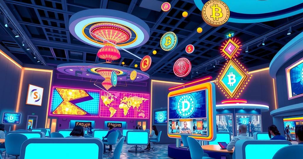 A bitcoin conference scene in Las Vegas with vibrant lights and crypto symbols in a modern setting.