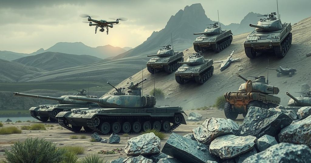 A symbolic depiction of rare earth materials and military equipment, showcasing national security elements in muted colours.