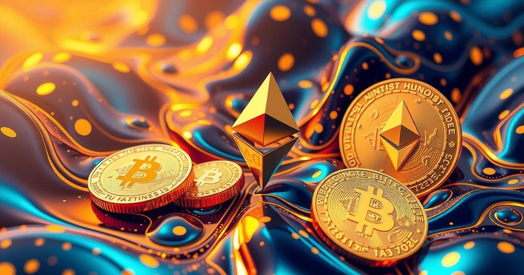 A vibrant abstract representation of Ethereum in a digital landscape with gold and Bitcoin symbols.