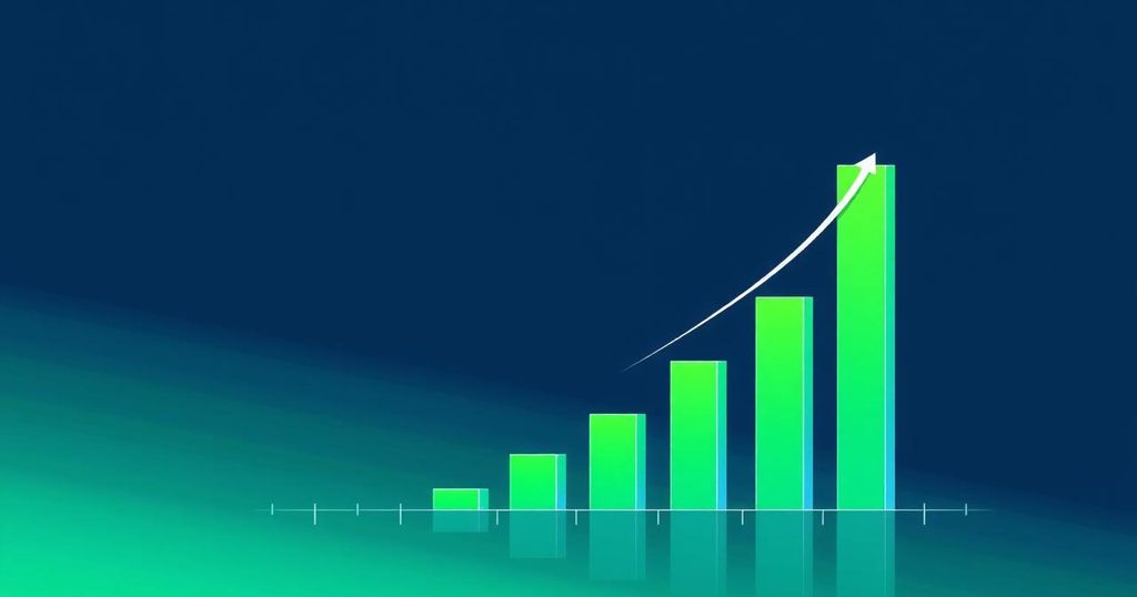 Graphical representation of an upward trend in cryptocurrency with green bars and a descending line in a modern style.