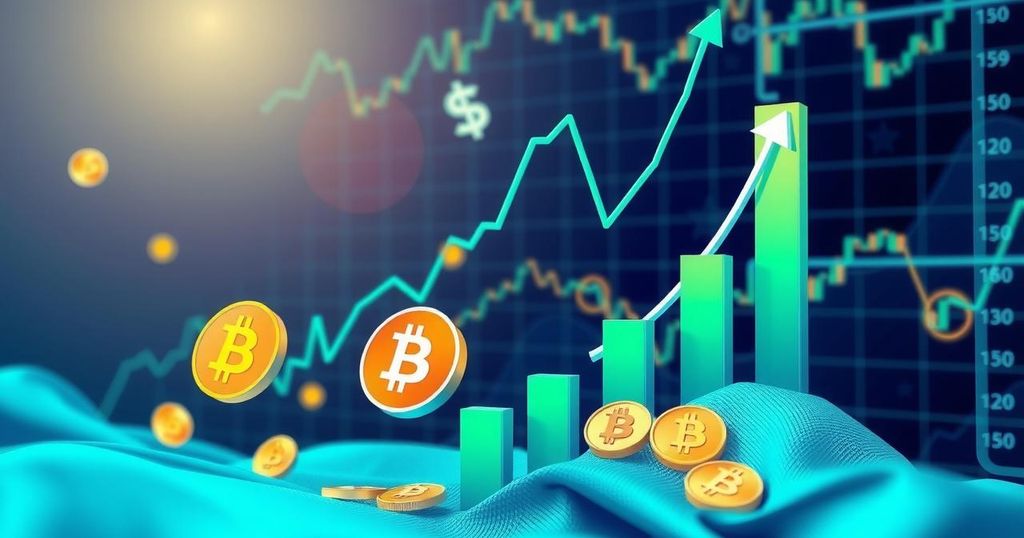 A dynamic financial landscape featuring rising graphs, digital currencies, and market news trends in blue and green hues.