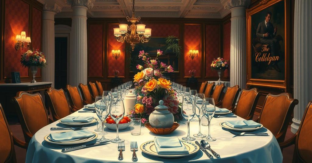 A luxurious table setting at an exclusive dinner with opulent decorations and elegant lighting, conveying exclusivity.