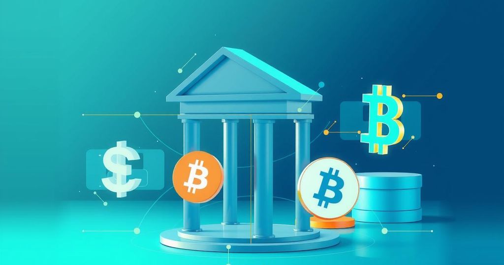 A digital representation of traditional banks embracing cryptocurrency with elements of stablecoins and blockchain themes.