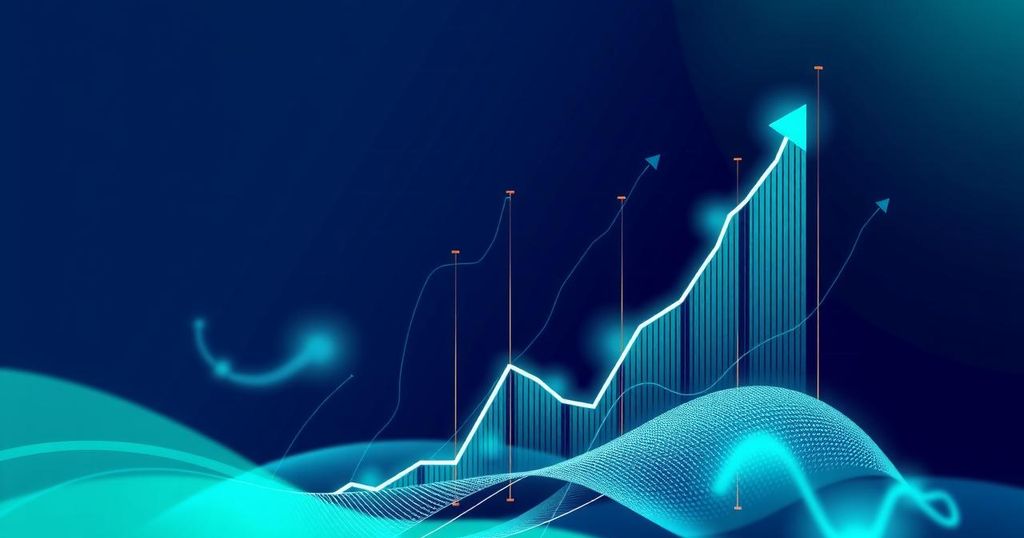 A vibrant abstract representation of a cryptocurrency market trend, showcasing ascending charts in blue and green hues.