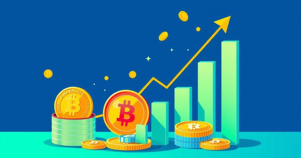 Illustration of increasing cryptocurrency investments, focusing on XRP's rise with bar graphs and digital tokens in vibrant colours.