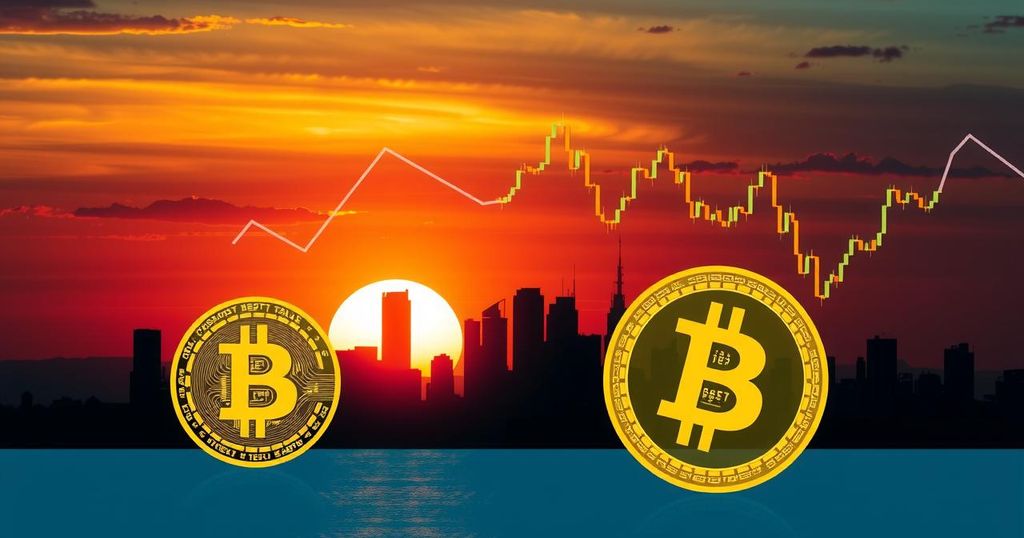 Conceptual artwork illustrating a city skyline with abstract Bitcoin symbols and financial graphs in a modern style.
