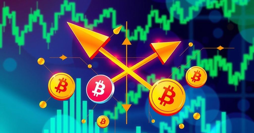 A digital representation of cryptocurrency with Bitcoin symbols, golden crossed arrows, and financial chart graphics in vibrant colours.
