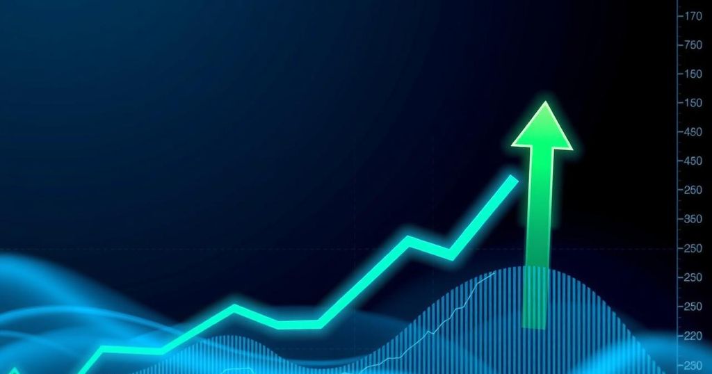 A vibrant Bitcoin chart visualising price movements with green bullish arrows and a blue upward trend line.