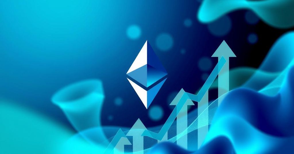 Abstract crypto market concept with Ethereum icon, bullish trends, and vibrant blue-green colour scheme.