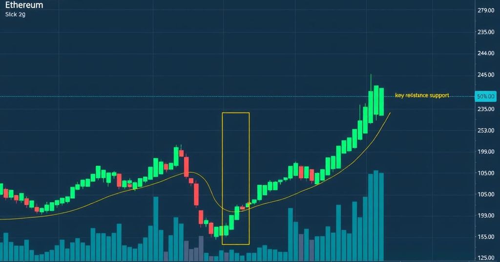 Ethereum price chart showing upward trend with resistance and support levels marked.