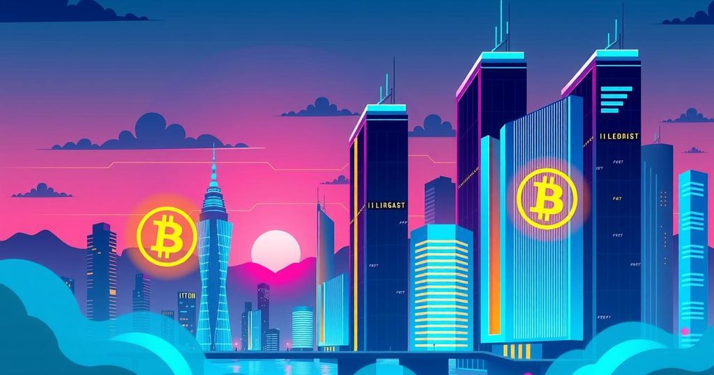 A digital art piece showcasing a futuristic city skyline with Bitcoin symbols, vibrant colours, and a tech-inspired design.