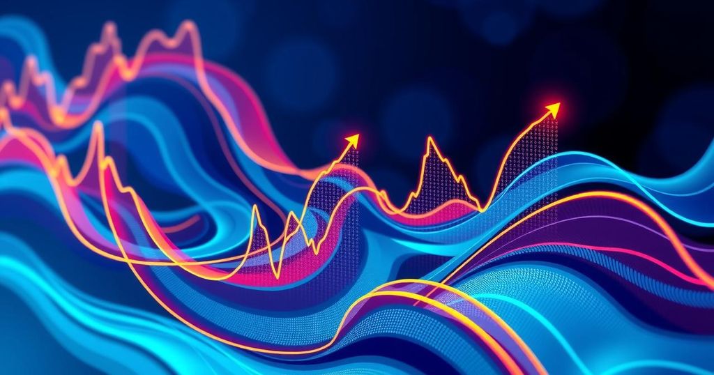 A dynamic abstract representation of cryptocurrency trading trends, with vibrant blue and orange colours symbolising market volatility.