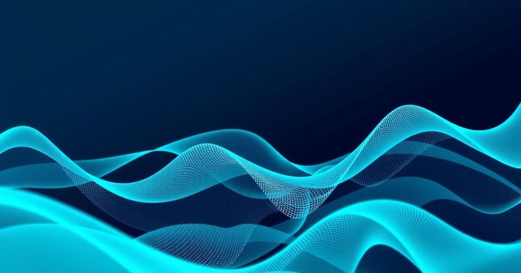 Visualisation of Ethereum price trends with rising and falling waves, using cool blue and green tones and a modern digital art style.
