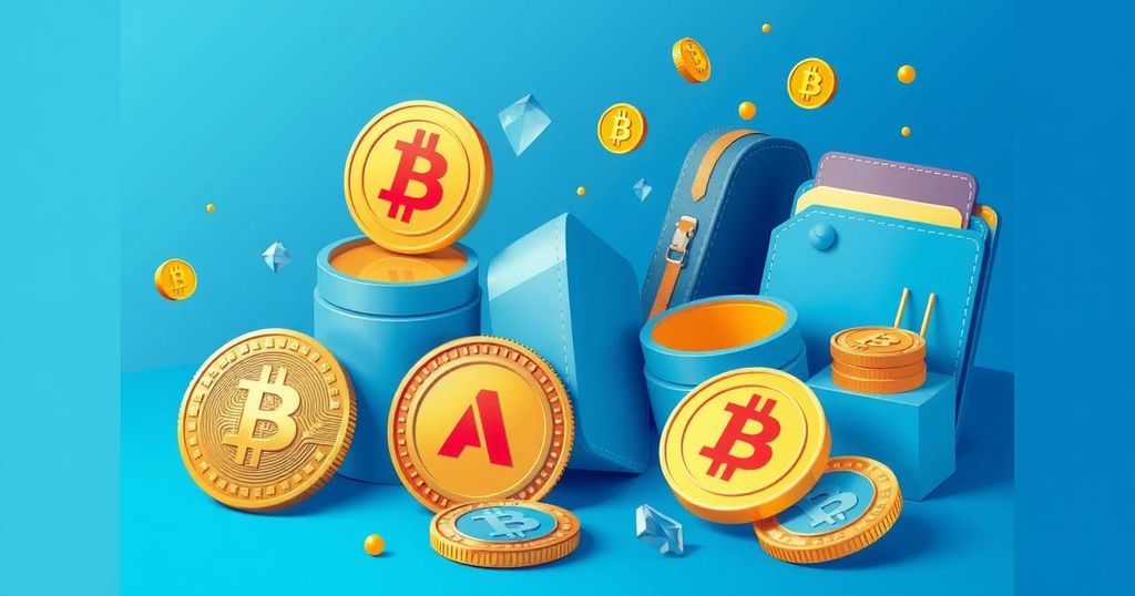 A financial concept with stylised crypto coins and abstract wallets in vibrant blue and gold hues.
