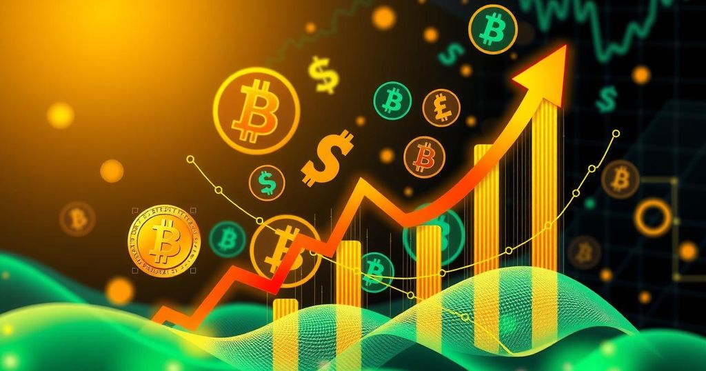 A graph illustrating the predicted rise of bitcoin with background elements of currency and economic symbols in vibrant colours.