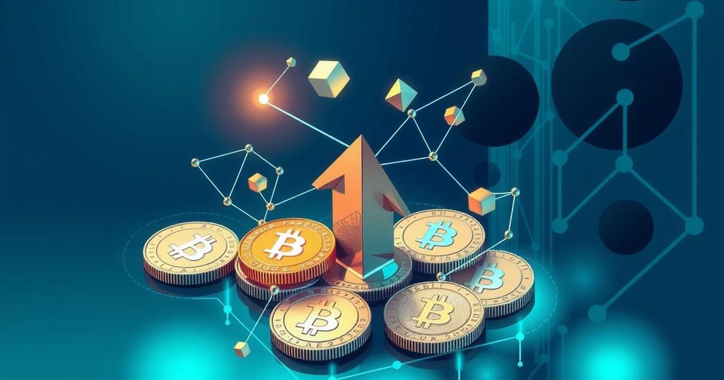 An abstract representation of cryptocurrency market with digital coins and blockchain motifs in blue and green tones.