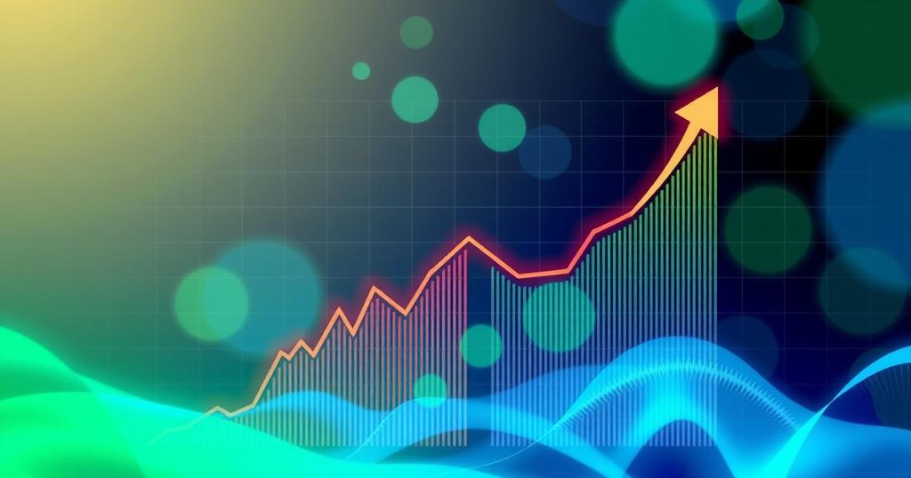 A dynamic cryptocurrency market graph showing a bullish trend with green and blue tones, depicting price fluctuations.