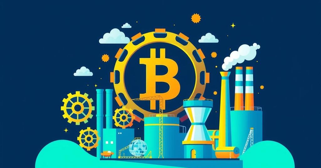 A dynamic representation of Bitcoin symbol amidst industrial elements, showcasing innovation and economic growth in Michigan.