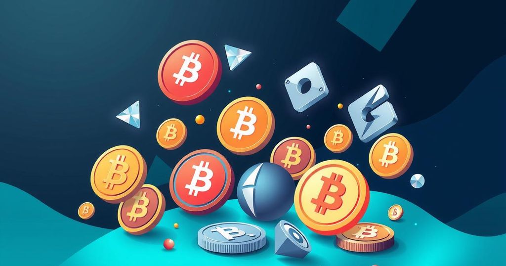 A digital representation of innovative crypto symbols and coins against a tech-inspired backdrop.