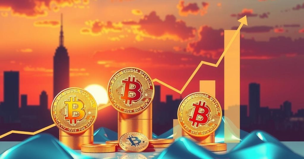 A vibrant digital illustration of Bitcoin soaring with graphs, coins, and a backdrop of a bustling city in sunset colours.