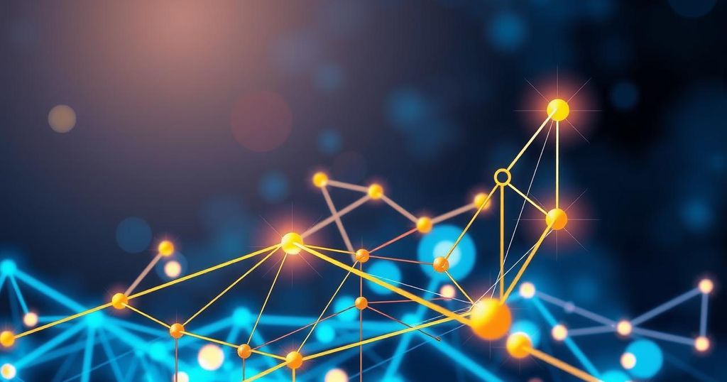 A digital artwork depicting futuristic blockchain technology with vibrant blue and gold hues, symbolising growth in cryptocurrency.