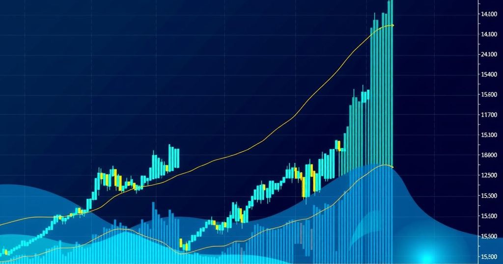Bitcoin price chart displaying upward trends and consolidation, featuring green and blue hues in a modern digital style.