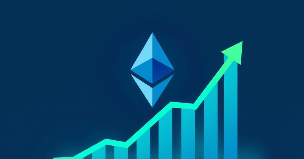 A digital illustration of Ethereum logo on an upward trend graph, with vibrant blue and green colours.
