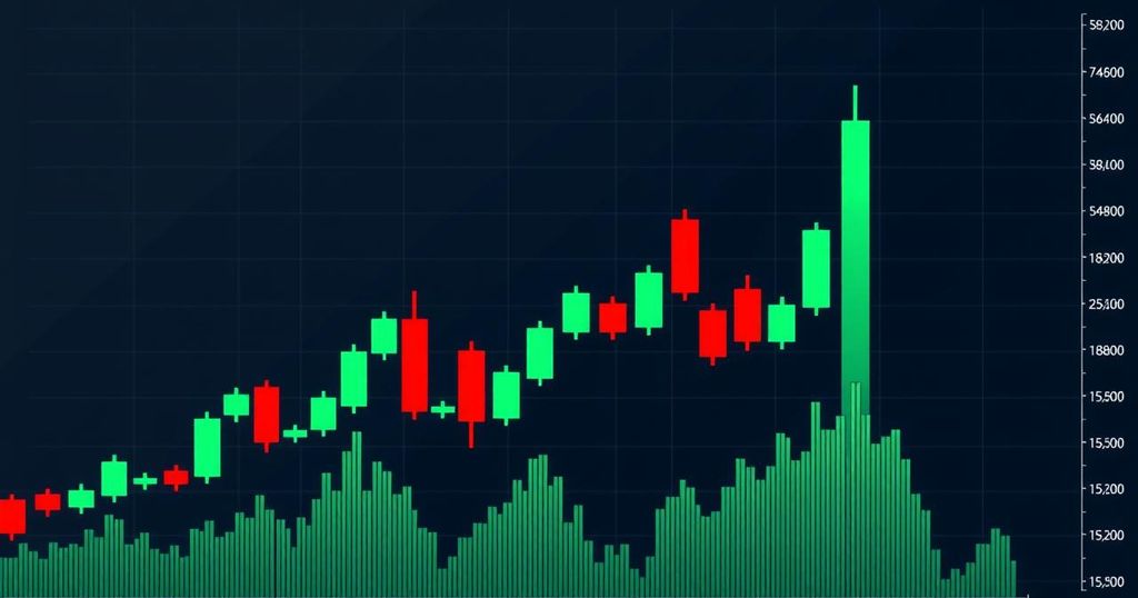 A graphic representation of Bitcoin price trends, illustrating upward and downward movements with a candlestick chart design.