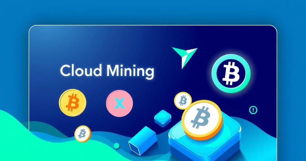 A sleek, modern cloud mining platform interface with digital currency symbols on a vibrant blue and green background.