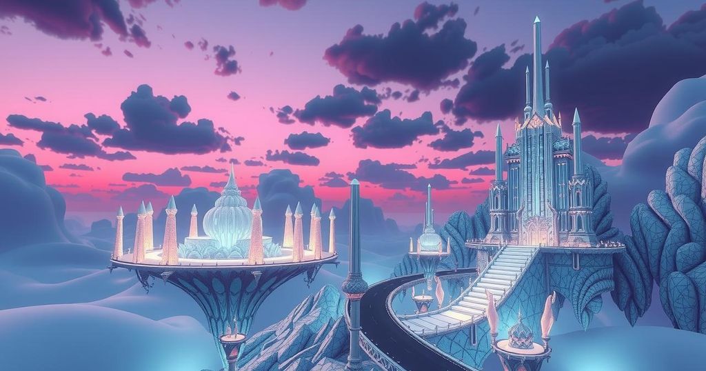 A surreal digital landscape representing a virtual world, featuring ethereal structures and a twilight colour scheme.