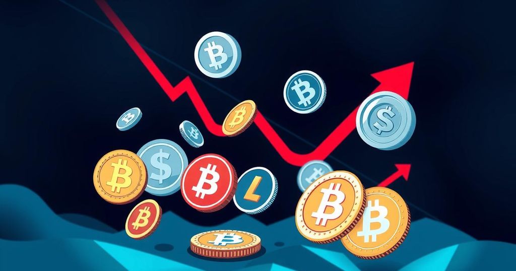 A visual representation of cryptocurrency market decline, featuring digital coins, downward arrows, and charts in dark colours.