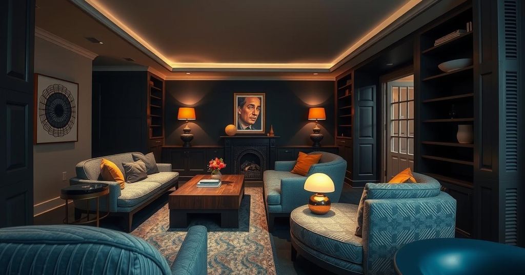 Luxury New York apartment interior with modern decor and dramatic lighting, symbolising high living and hidden secrets.