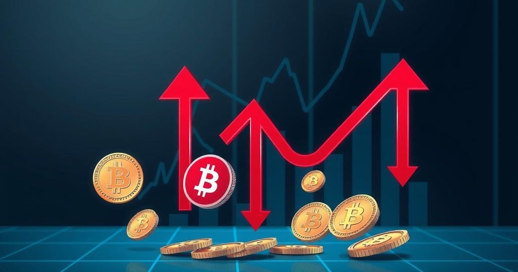 A digital artwork showing a crashing cryptocurrency market with descending altcoins, illustrated in a dark blue and grey palette.