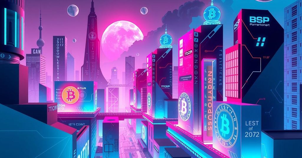 Abstract representation of Bitcoin adoption with geometric shapes, vibrant colours, and a futuristic cityscape in the background.