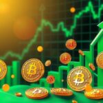 A digital representation of a bullish market trend with upward arrows, golden bitcoin symbols, and green graphs.