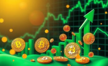 A digital representation of a bullish market trend with upward arrows, golden bitcoin symbols, and green graphs.