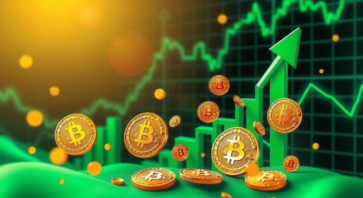 A digital representation of a bullish market trend with upward arrows, golden bitcoin symbols, and green graphs.