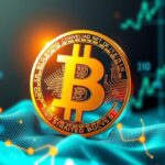 A golden bitcoin symbolising its rise alongside gold, set against a vibrant digital background with rich blues and greens.