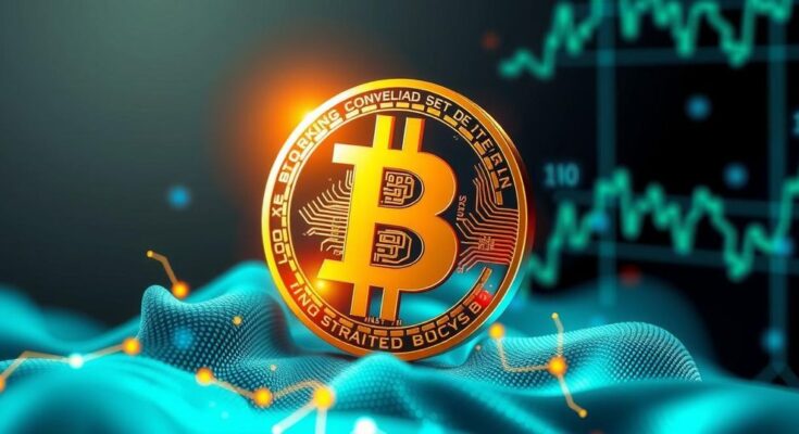 A golden bitcoin symbolising its rise alongside gold, set against a vibrant digital background with rich blues and greens.