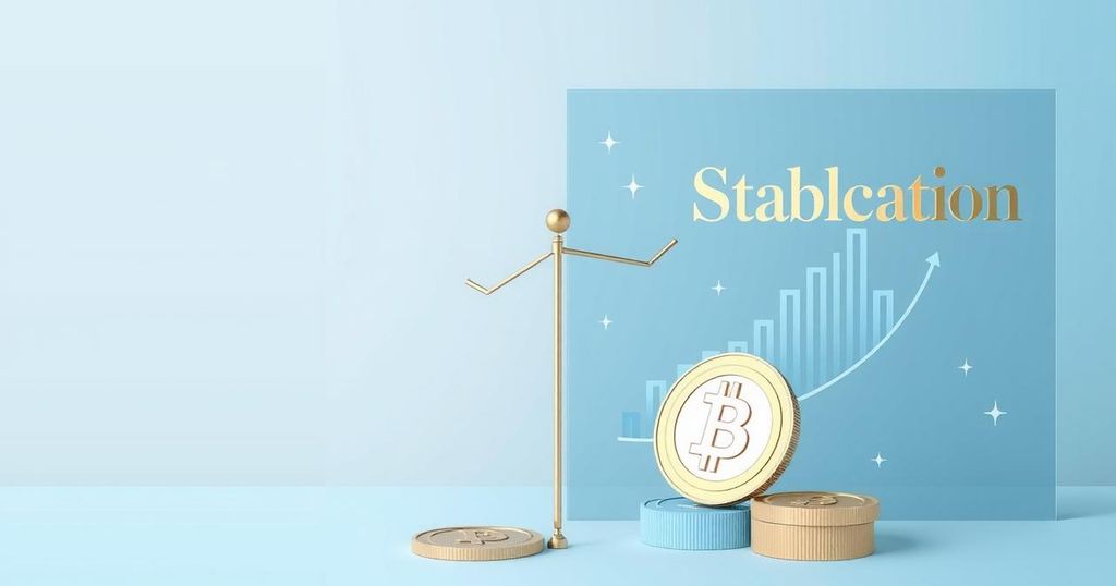 A digital illustration representing stablecoin regulation and campaign financing in a formal setting, with soft blue and grey tones.