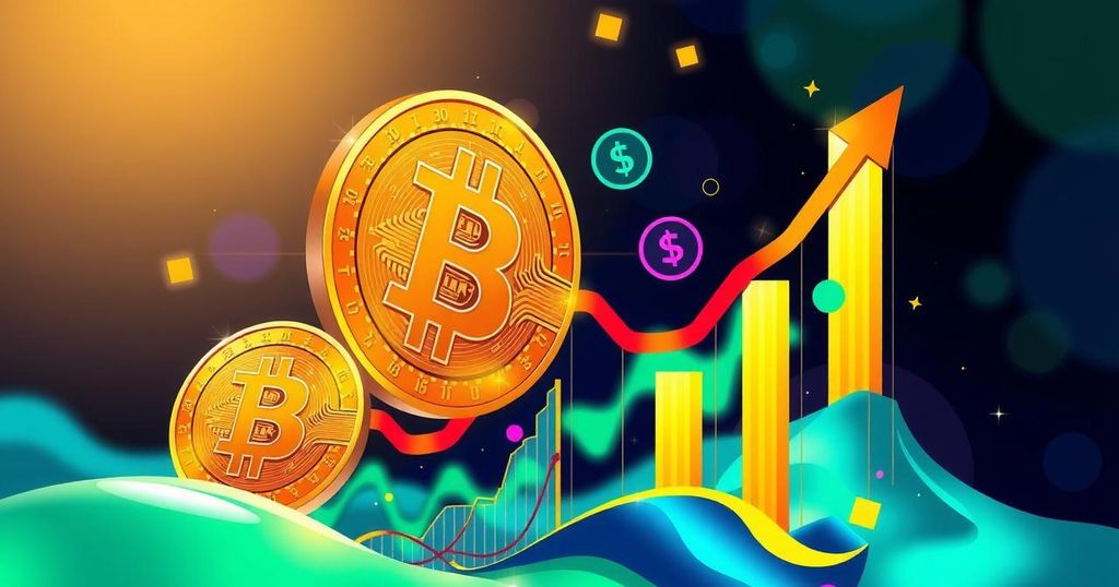 A digital representation of Bitcoin value growth with graphs and optimistic symbols in vibrant colors.