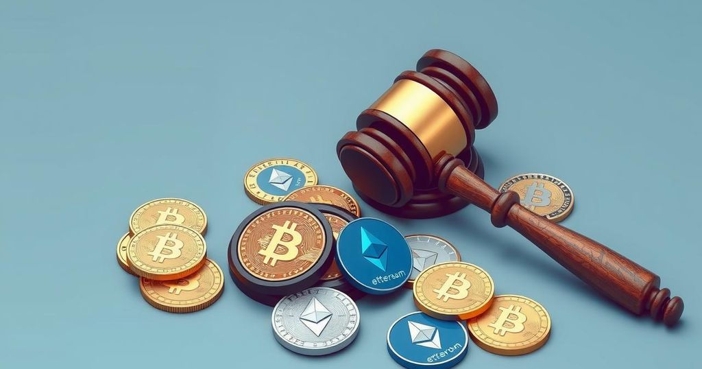 A symbolic representation of cryptocurrency regulations featuring digital coins and a gavel against a blue-grey background.