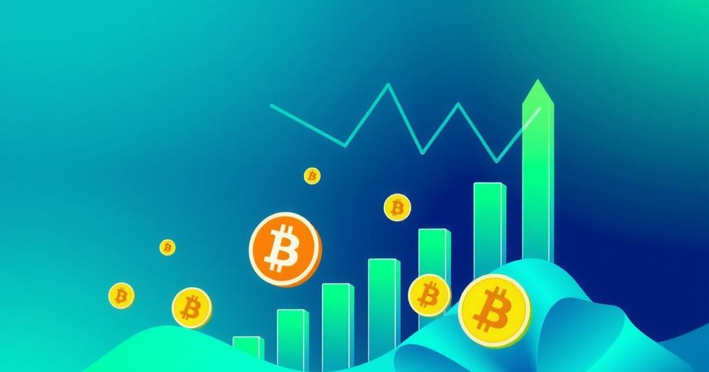 A digital representation of a bullish financial market with upward trends, green candlestick charts, and Bitcoin symbols.