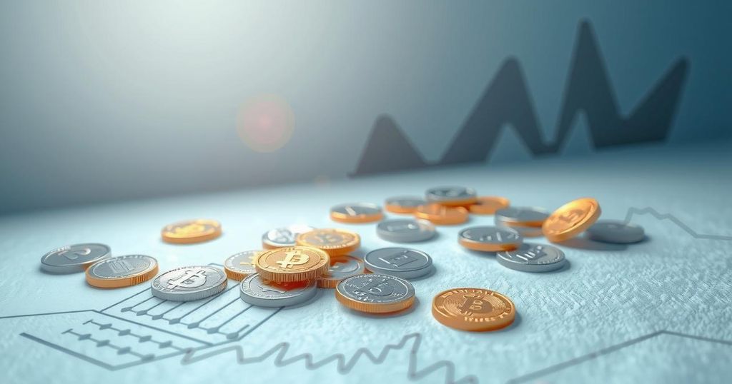 A conceptual representation of cryptocurrency trends with digital coins and charts in a calm blue colour scheme.